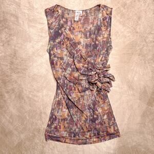 Vintage Y2K Abstract Geometric Prink Mesh Top Floral Ruffled Fitted Boho Euro